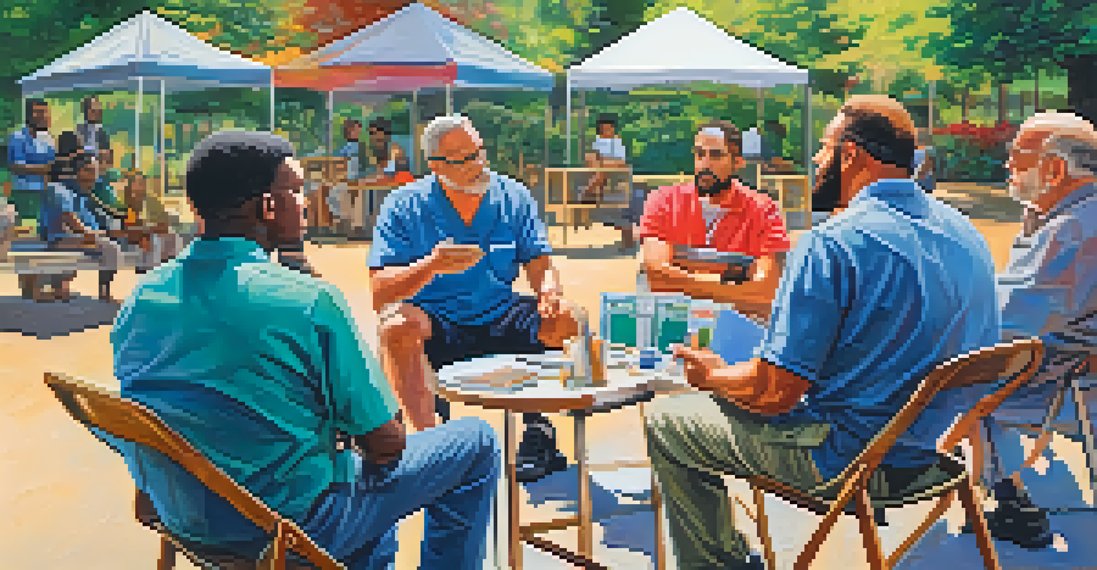 A healthcare professional leading a workshop on mental health awareness for a group of men outdoors.