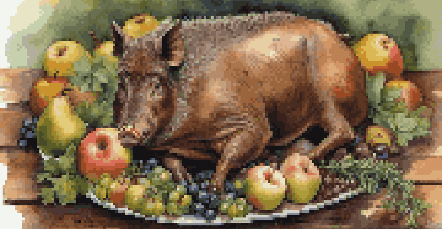 A roasted wild boar with juniper berries and fruits on a wooden platter.