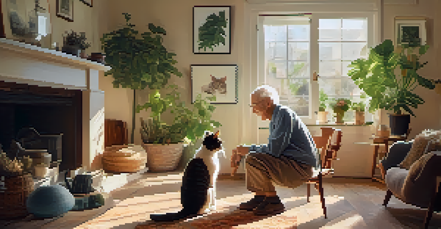 An elderly person engaging with a fluffy cat in a bright and cozy living room.