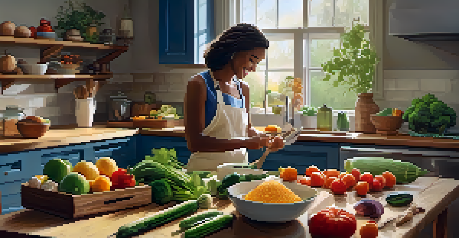 A woman happily preparing a healthy meal in a bright kitchen filled with fresh ingredients.