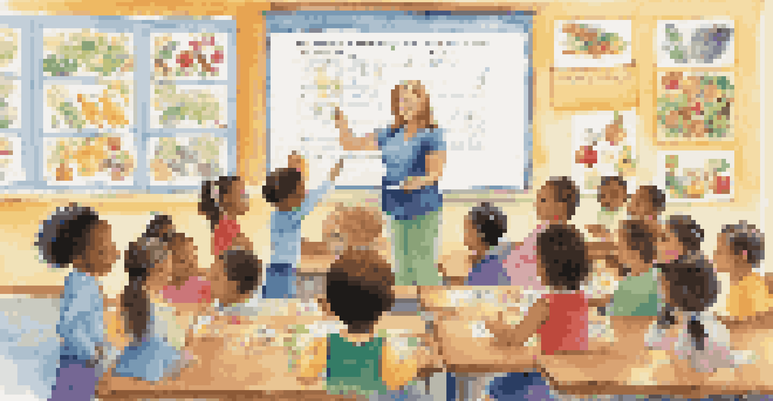 A vibrant classroom with children learning about health education from a teacher, featuring colorful charts and engaging materials.