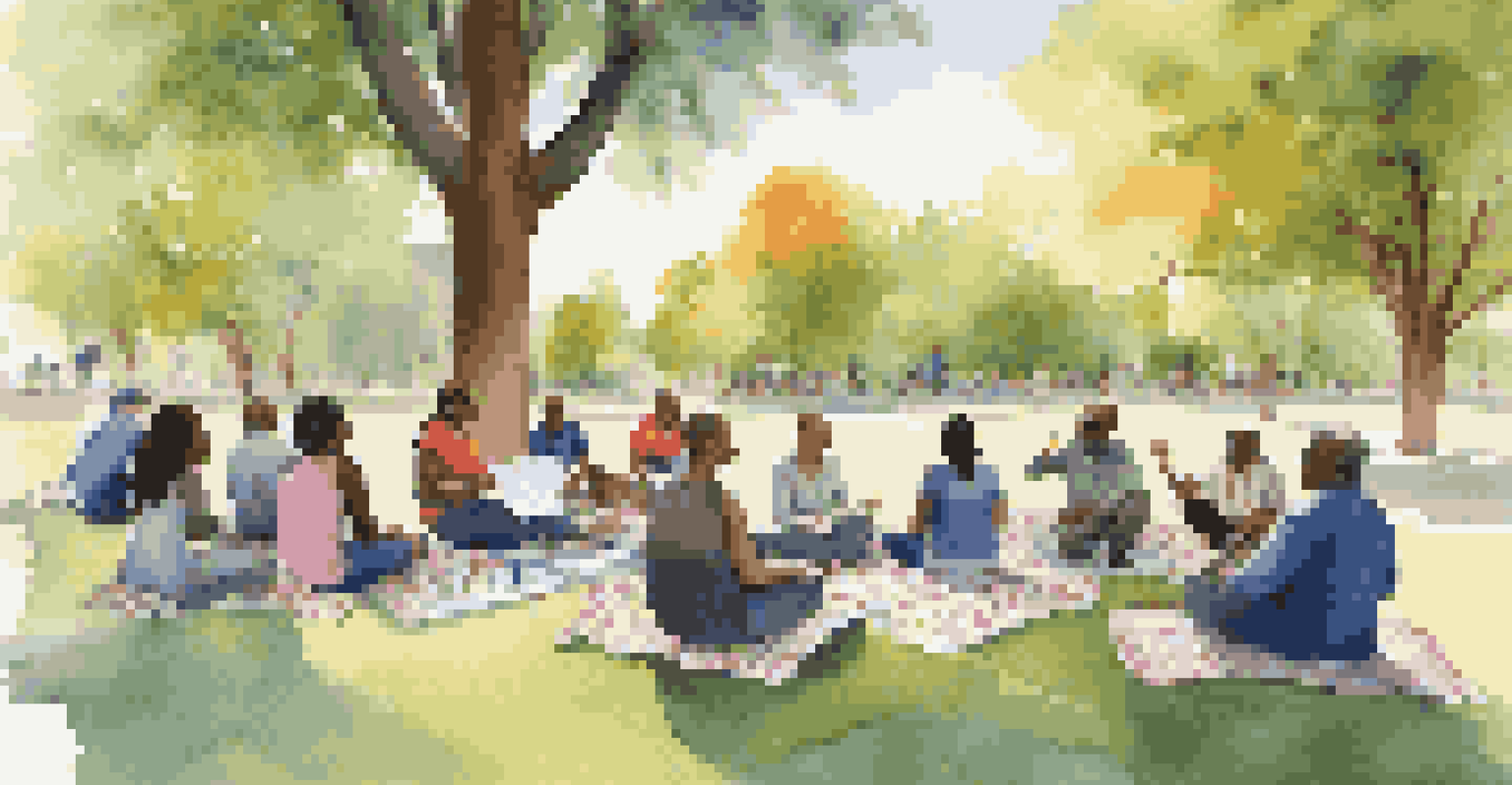 A community leader teaching a health literacy workshop outdoors, with a diverse group of attendees engaged in the discussion.