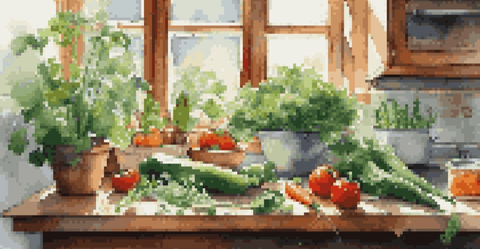 A sunny kitchen filled with fresh vegetables on a cutting board, a knife, and a steaming pot, creating a healthy cooking environment.