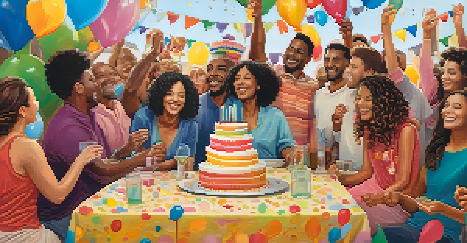A joyful gathering of friends and family celebrating small victories, with a table of a celebratory cake, balloons, and people smiling and toasting.