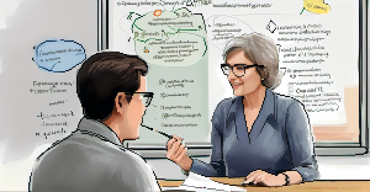 A facilitator providing feedback to a trainee in a role-playing training session, with notes on a whiteboard in the background.