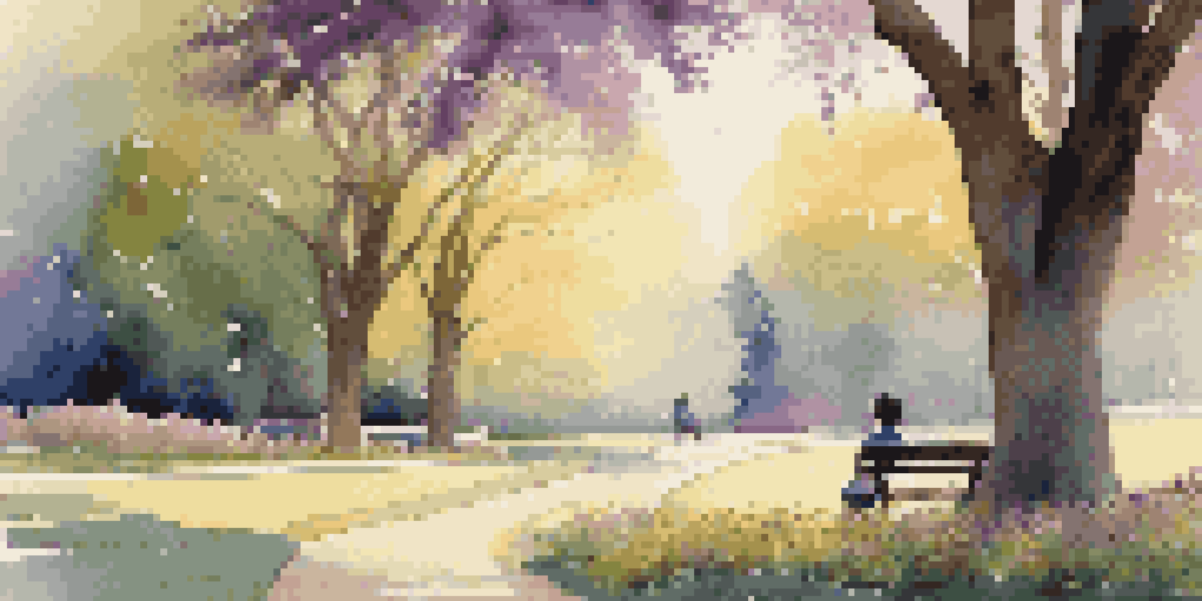 A peaceful park at sunset with a person sitting on a bench, surrounded by trees and flowers.