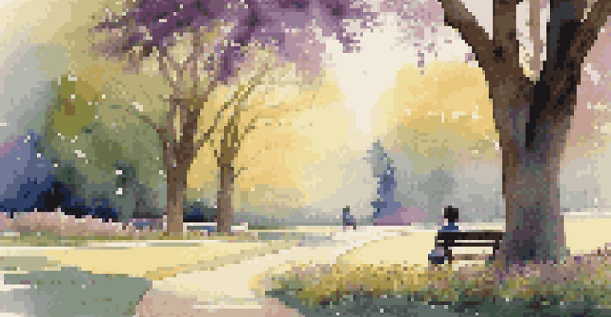 A peaceful park at sunset with a person sitting on a bench, surrounded by trees and flowers.
