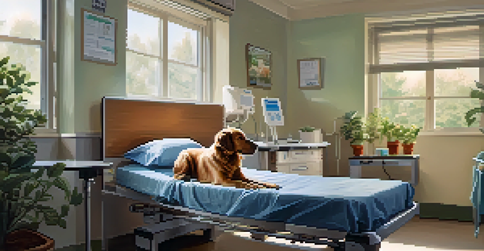 A therapy dog sitting beside a patient in a hospital bed, providing comfort in a serene hospital room.