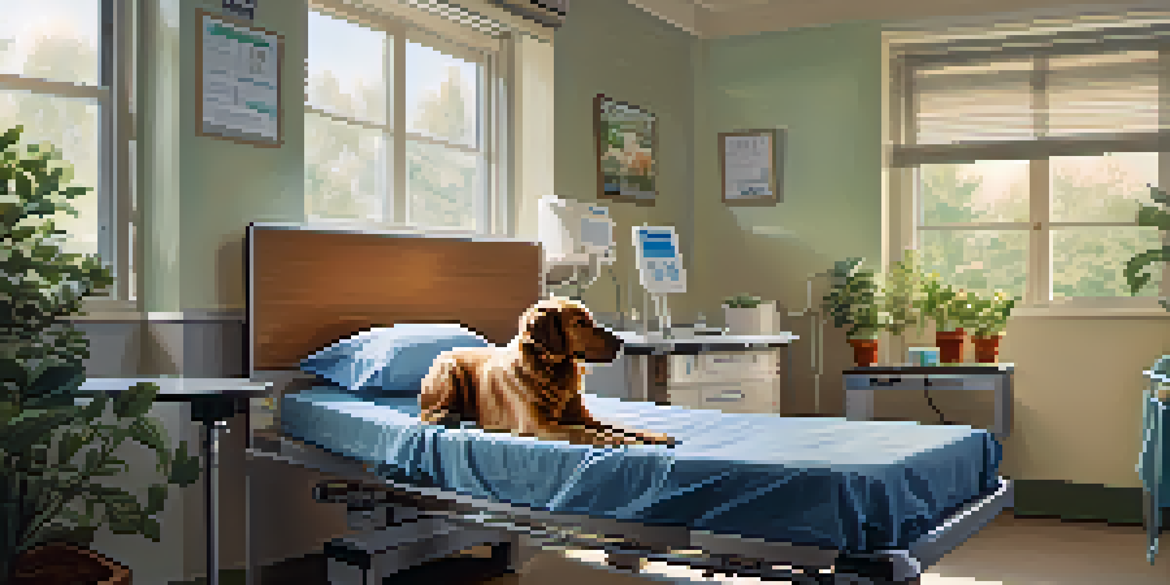 A therapy dog sitting beside a patient in a hospital bed, providing comfort in a serene hospital room.
