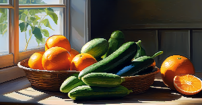 A still life of cucumbers, watermelon, and oranges illuminated by natural sunlight, set against a wooden table with greenery in the background.