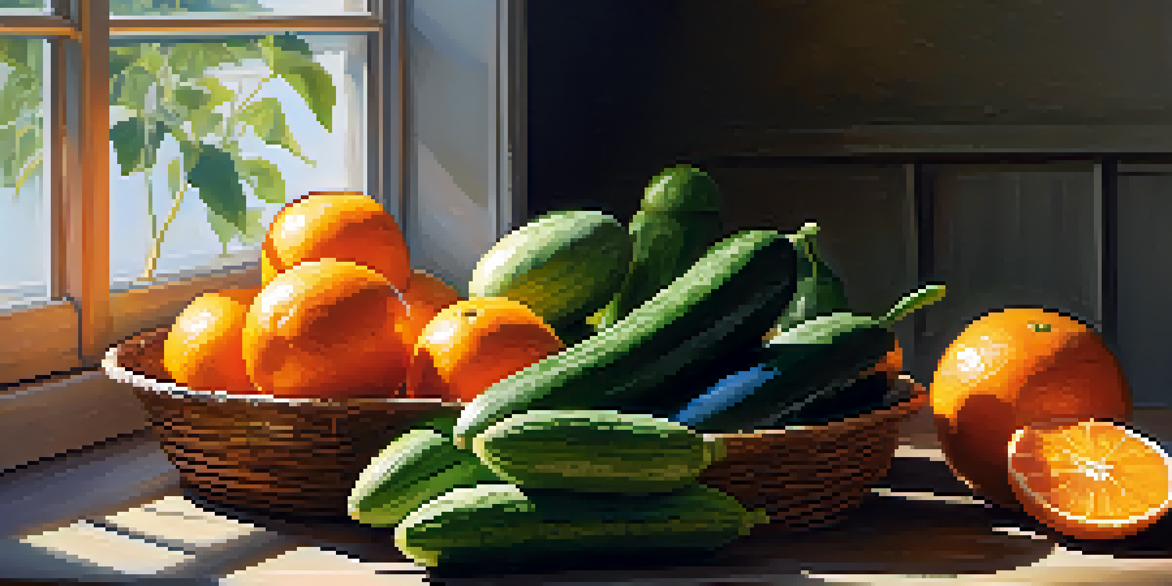 A still life of cucumbers, watermelon, and oranges illuminated by natural sunlight, set against a wooden table with greenery in the background.