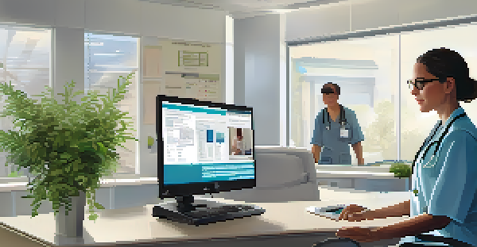 A healthcare provider's office with a physician using an electronic health record system on a computer, a patient waiting in the background.