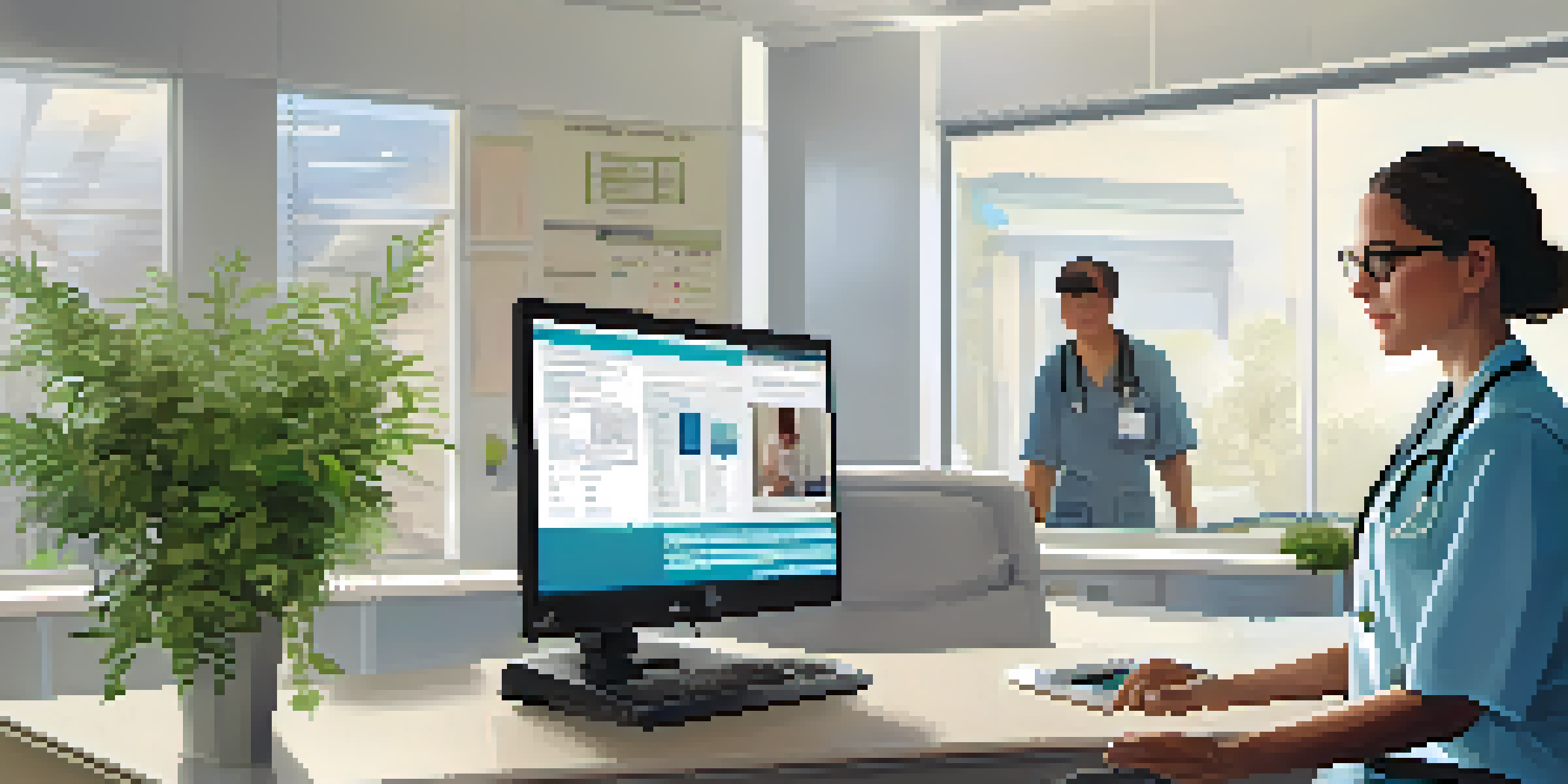 A healthcare provider's office with a physician using an electronic health record system on a computer, a patient waiting in the background.