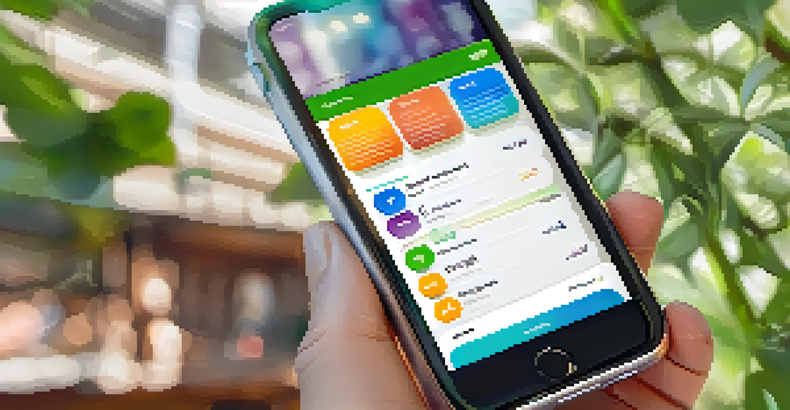 A smartphone displaying a mobile health app interface with health management features, held in a hand in a bright outdoor setting.