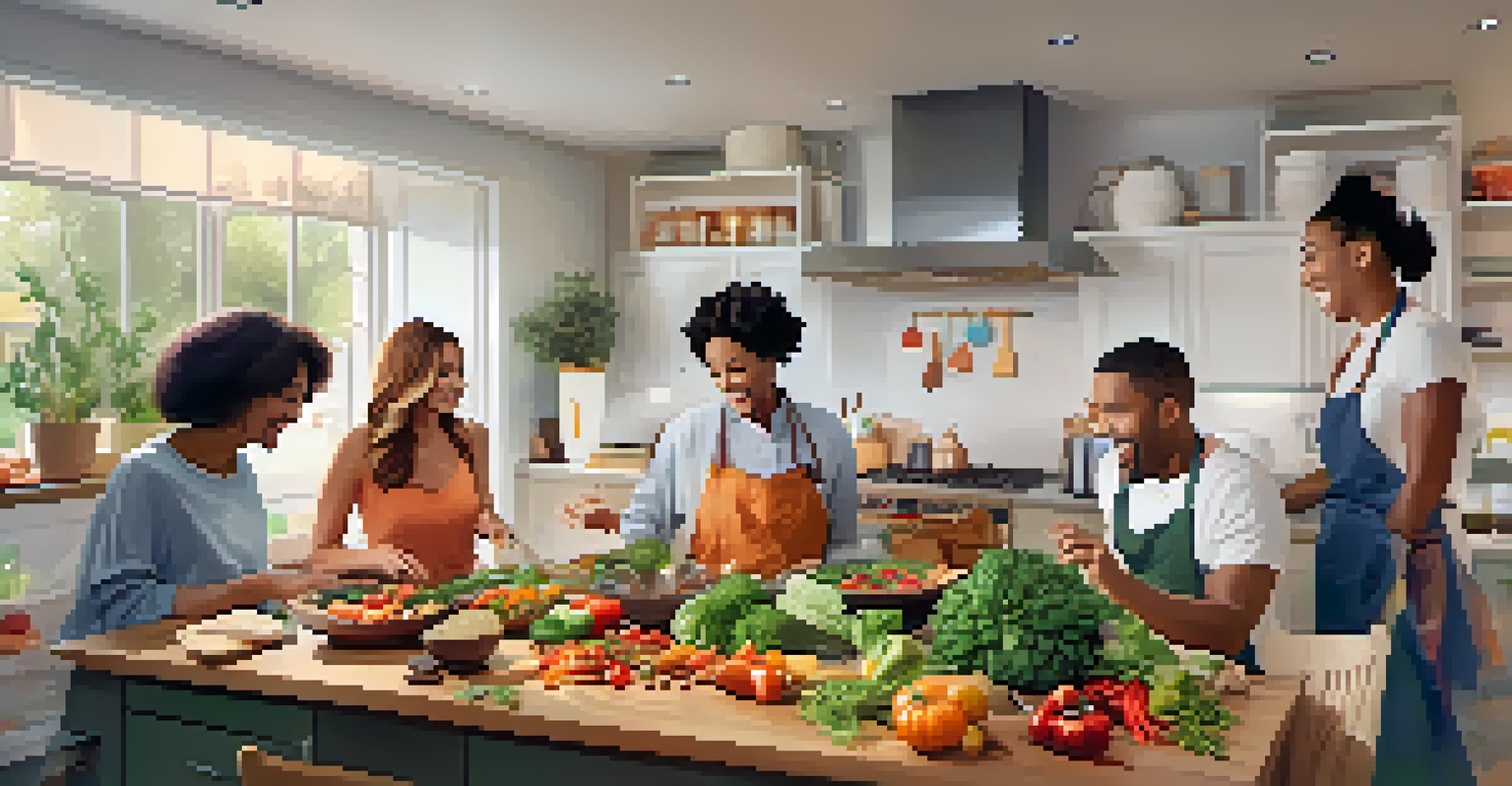 A group of friends happily cooking together in a modern kitchen, making a colorful stir-fry.