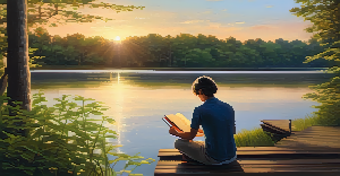 A peaceful lake with a person journaling on a dock during sunset, surrounded by trees.