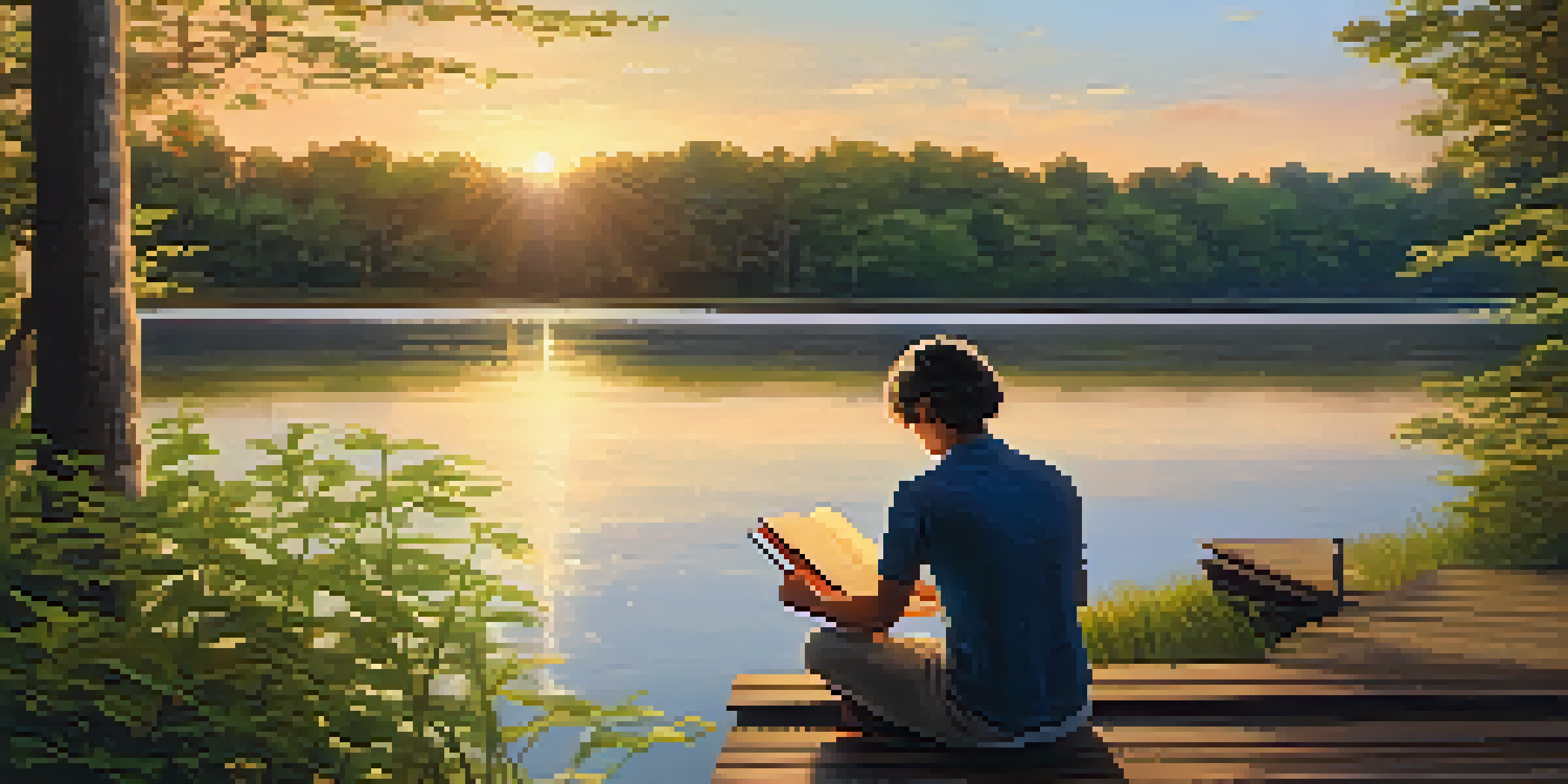 A peaceful lake with a person journaling on a dock during sunset, surrounded by trees.