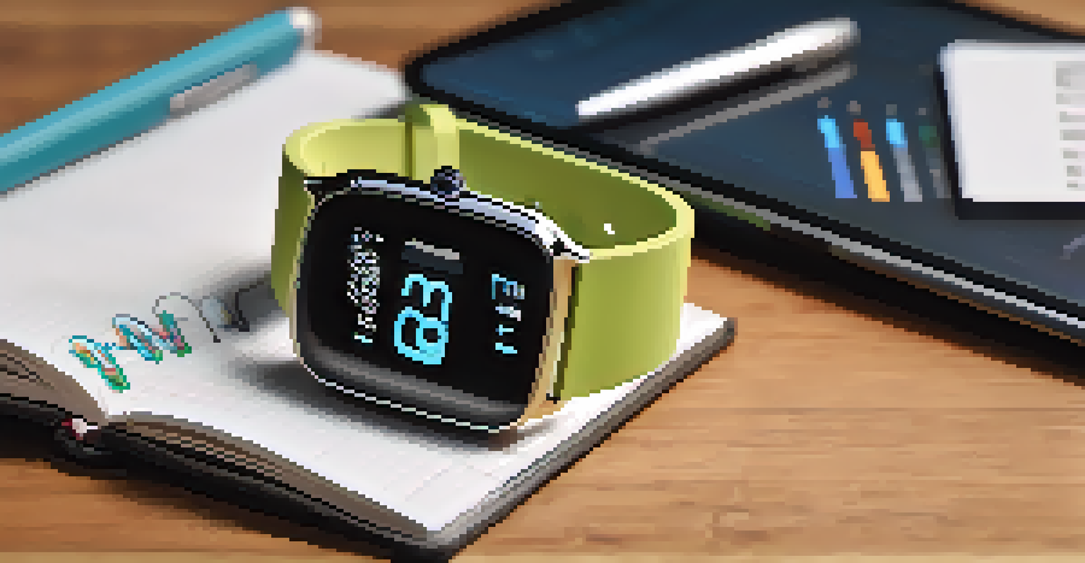 A smartwatch showing health metrics on a wooden table beside a notepad and a pen.