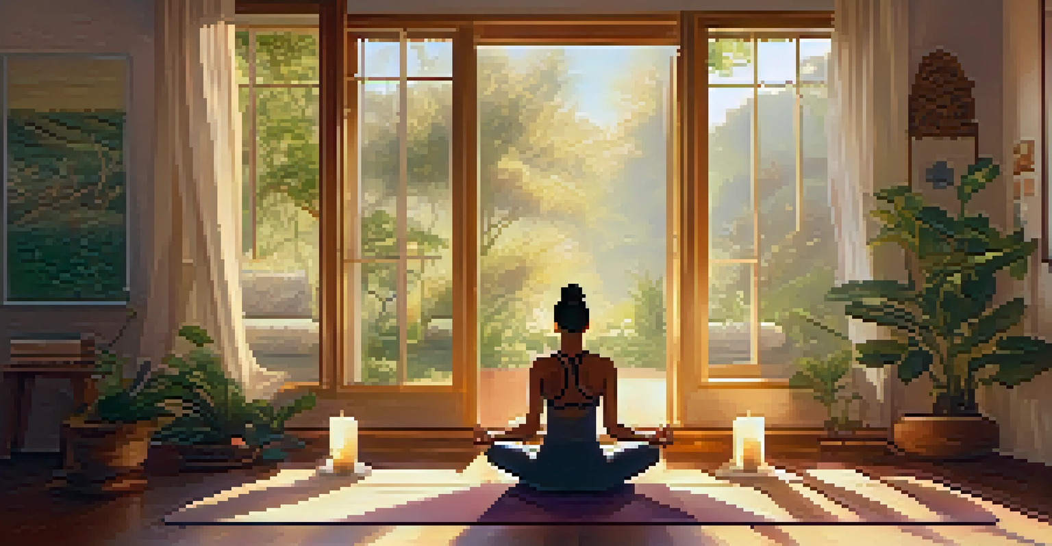 A person meditating in a calm room filled with soft light, cushions, and candles.