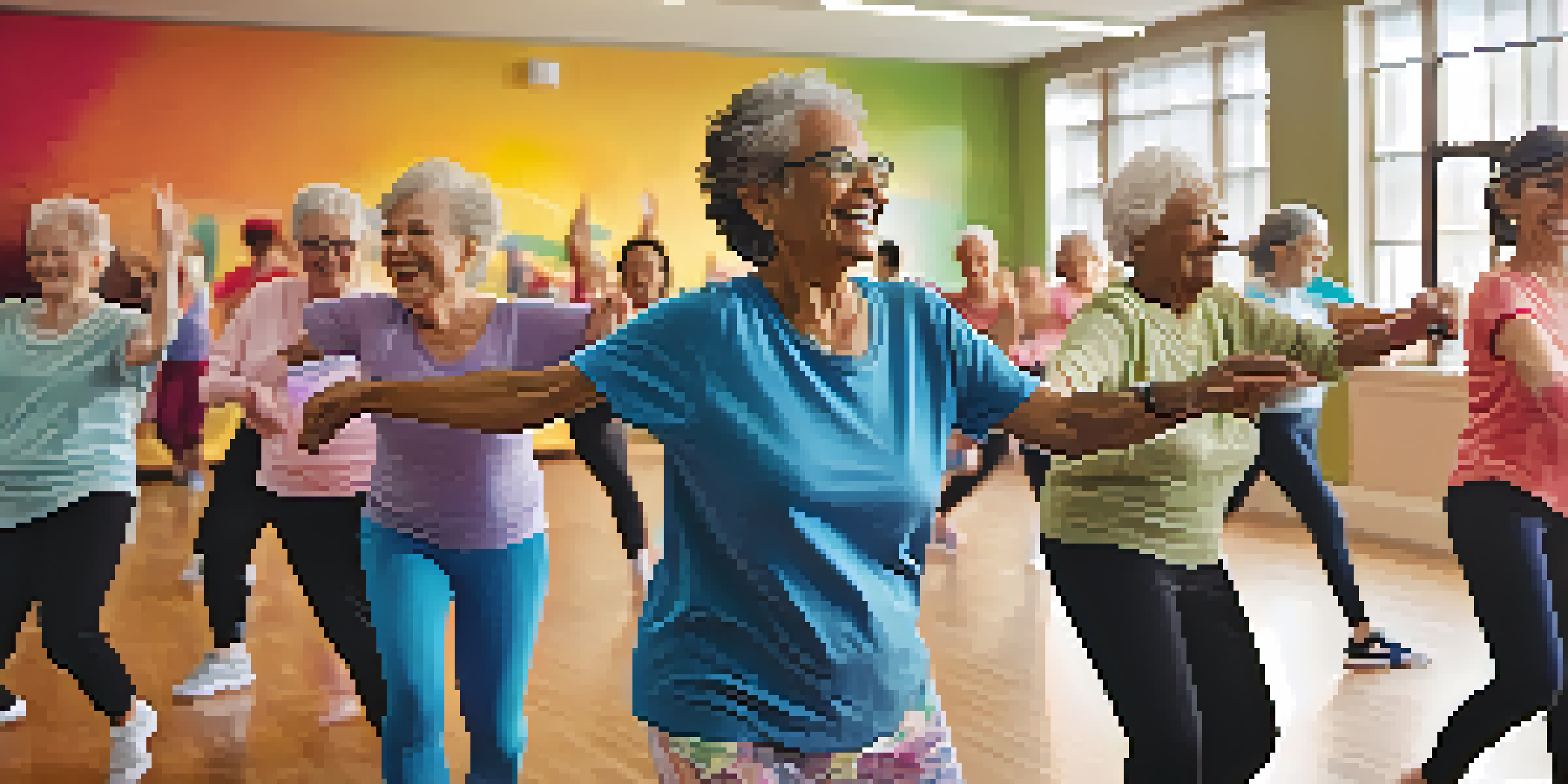 A lively Zumba dance class for seniors with diverse elderly individuals enjoying the session, led by an enthusiastic instructor in a bright, well-lit room.