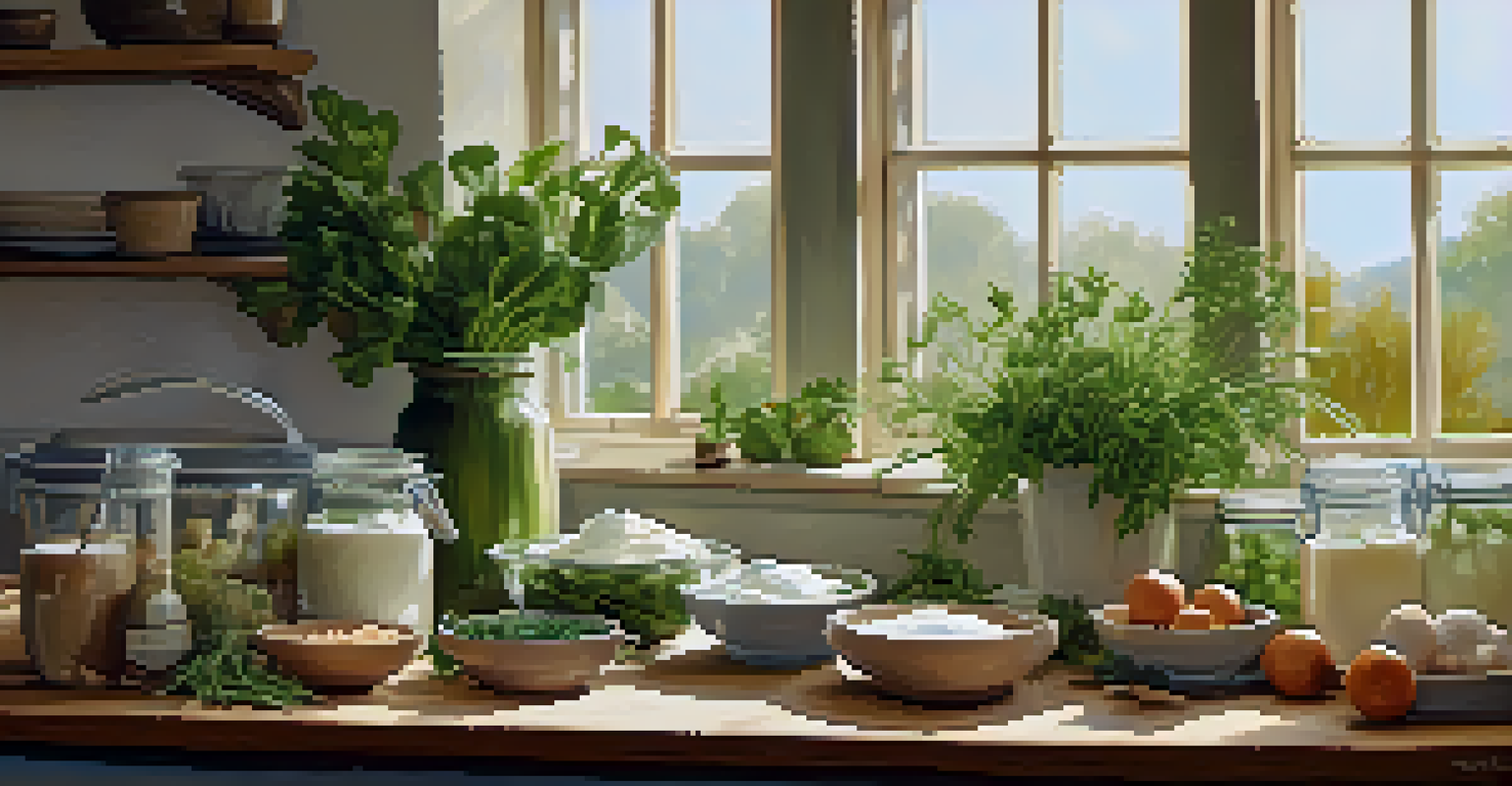 A cozy kitchen table filled with probiotic-rich foods like yogurt and garlic, illuminated by natural light.