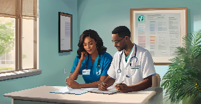 A healthcare provider discussing check-up results with a patient in a bright and calm medical office.