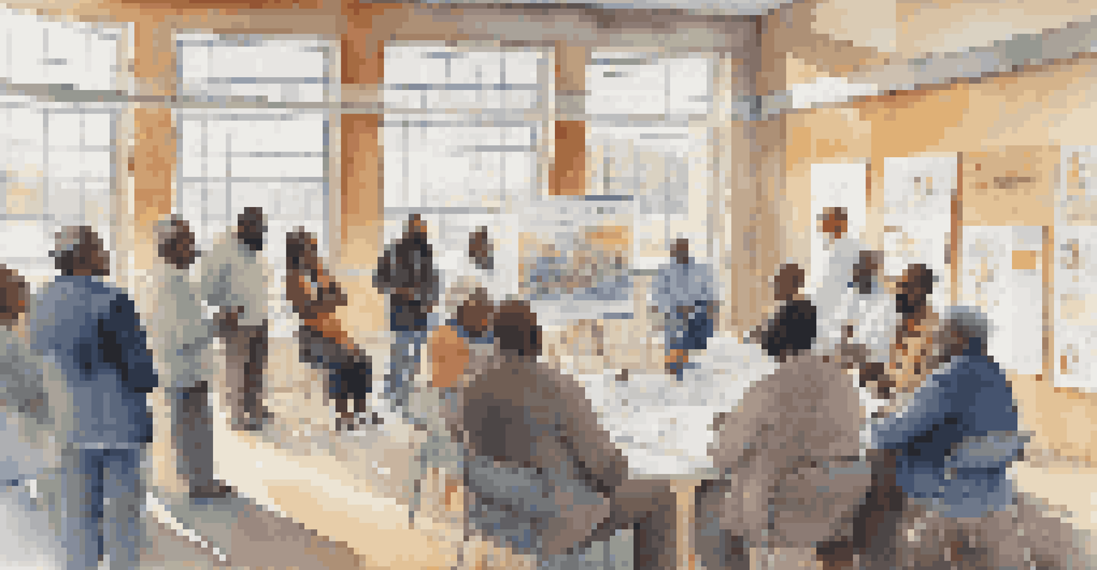 A collaborative meeting between faith leaders and public health officials discussing health initiatives in a community center.