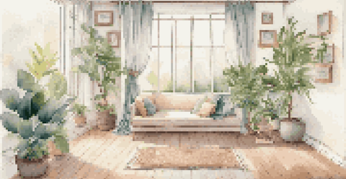 A calming meditation space with a cushion, plants, and soft natural light.