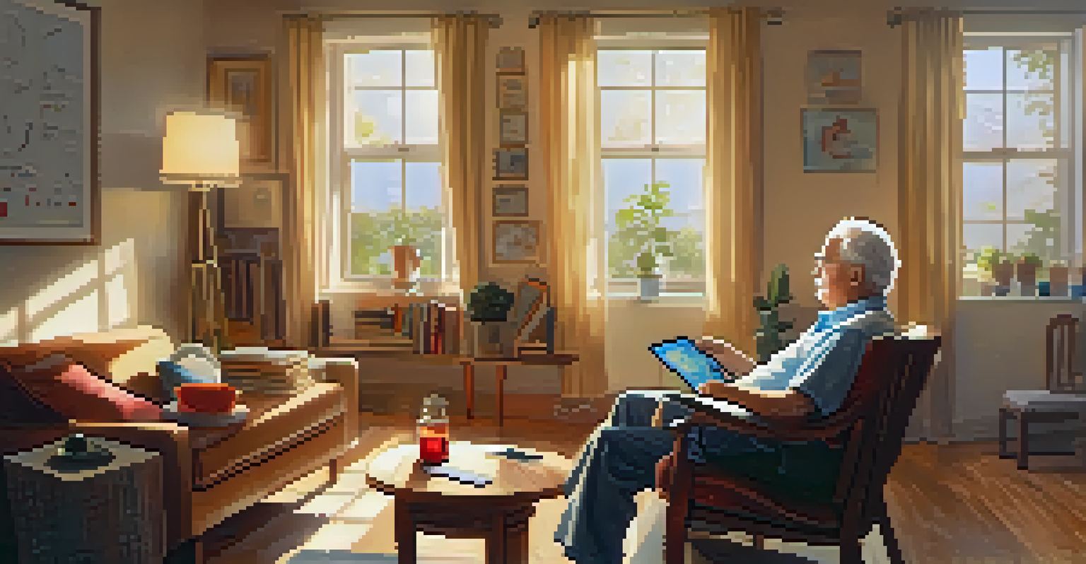 An elderly man using a tablet in a bright living room, surrounded by health monitoring devices.
