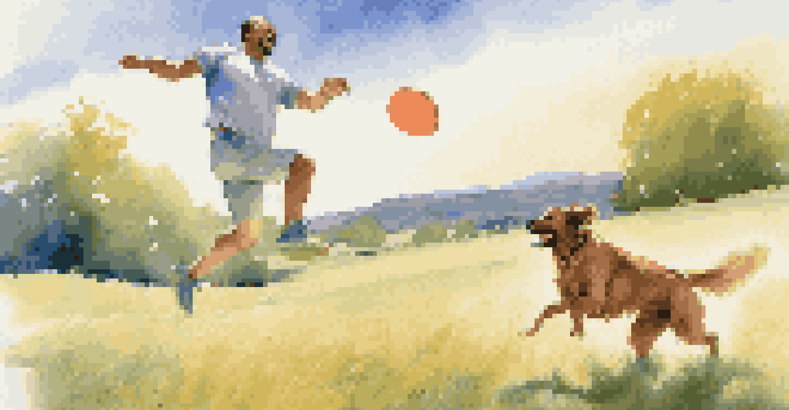 A man playing fetch with a joyful dog in a sunny field, capturing the essence of outdoor fun and companionship.