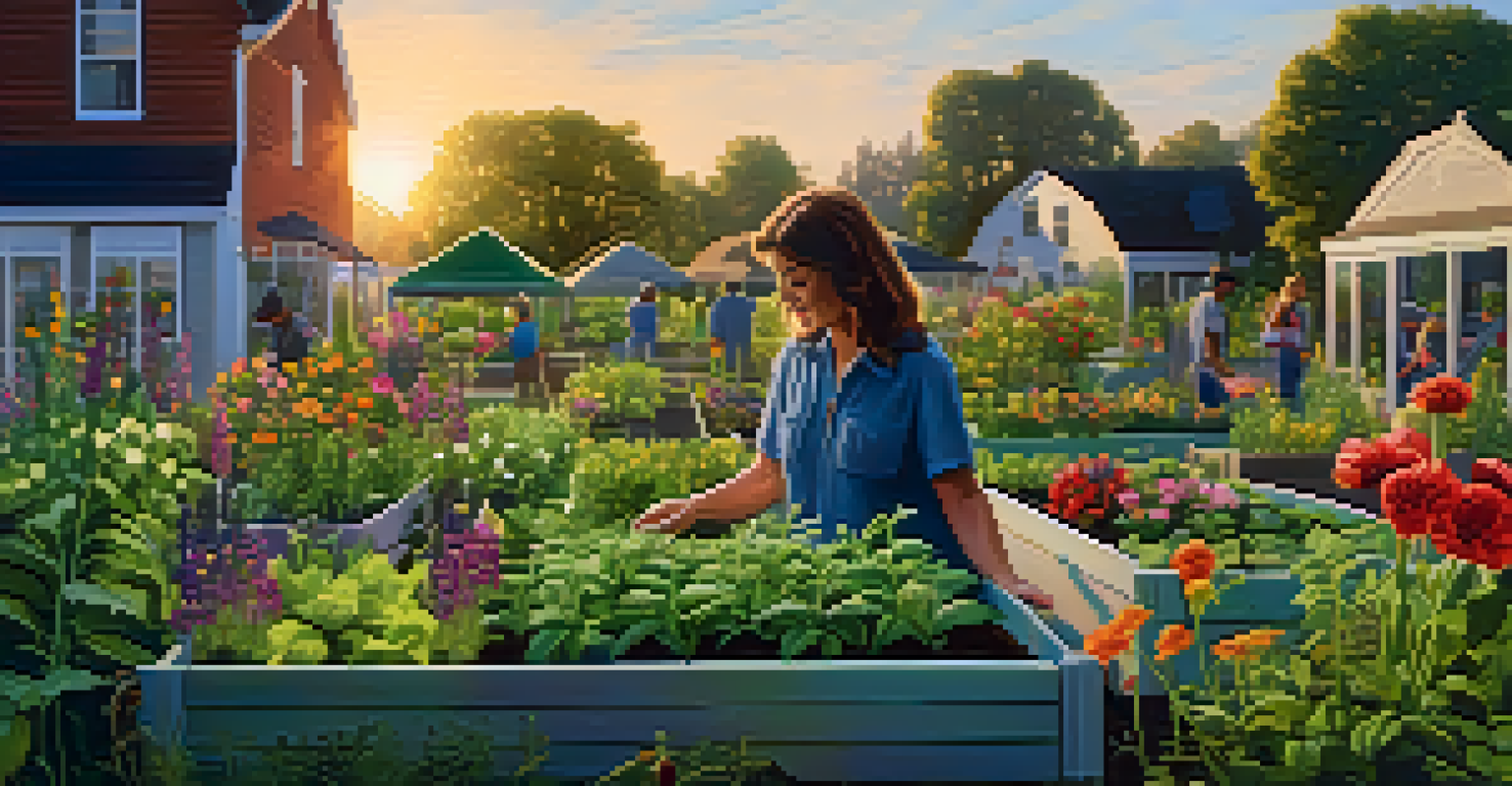 A close-up of a community garden with herbs and vegetables, a gardener tending the plants, and bees around colorful flowers at sunset.