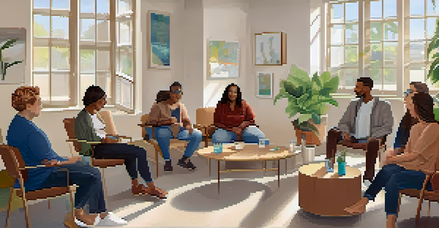 A group therapy session in a modern treatment center with diverse individuals sharing their experiences in a bright, welcoming room.