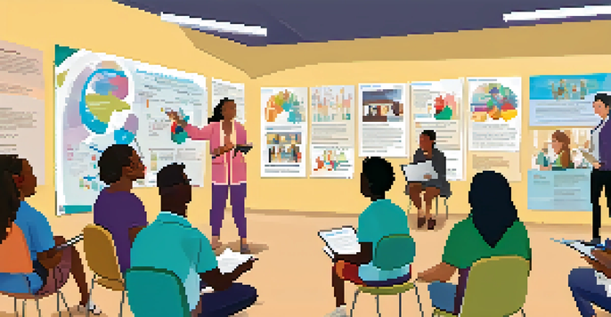 A diverse group of people participating in a community health workshop, engaging with a facilitator and taking notes.