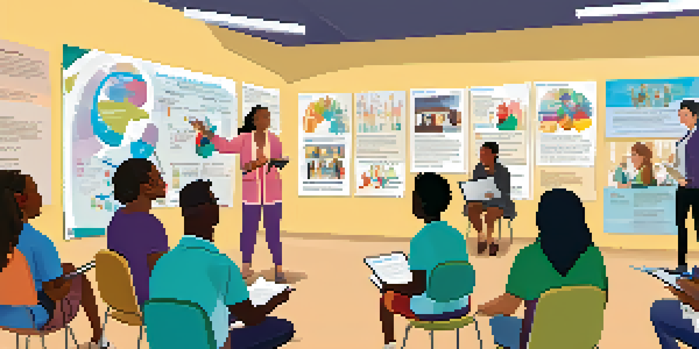 A diverse group of people participating in a community health workshop, engaging with a facilitator and taking notes.
