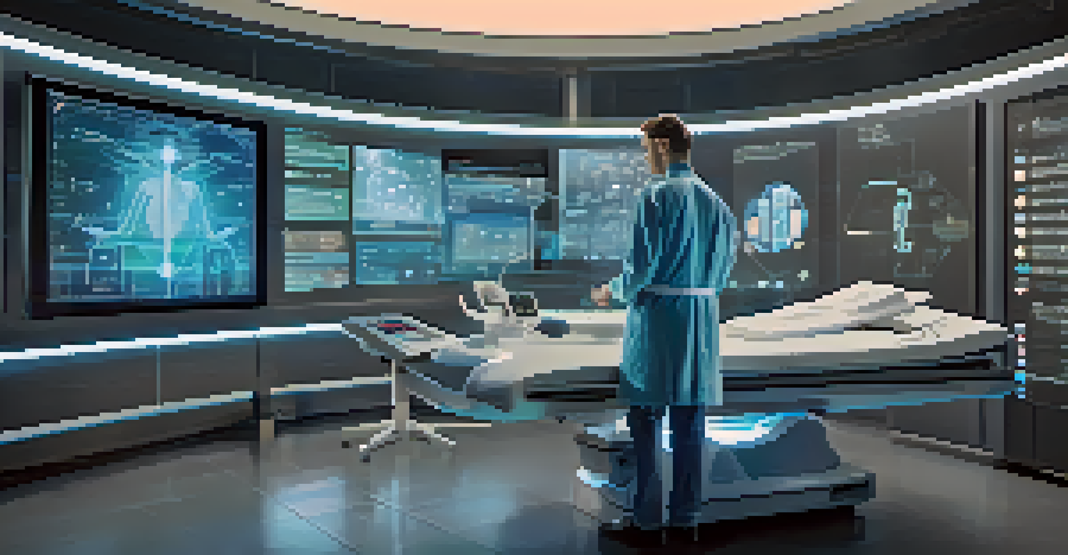 A futuristic holographic interface showing an AI-driven Electronic Health Record system with health data analysis.
