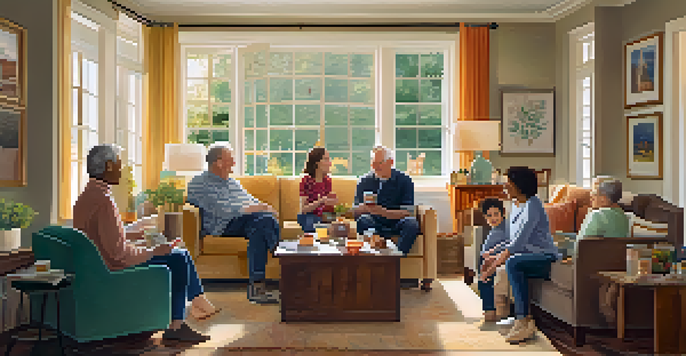 A family gathering in a cozy living room with multiple generations talking and smiling, illuminated by warm sunlight.