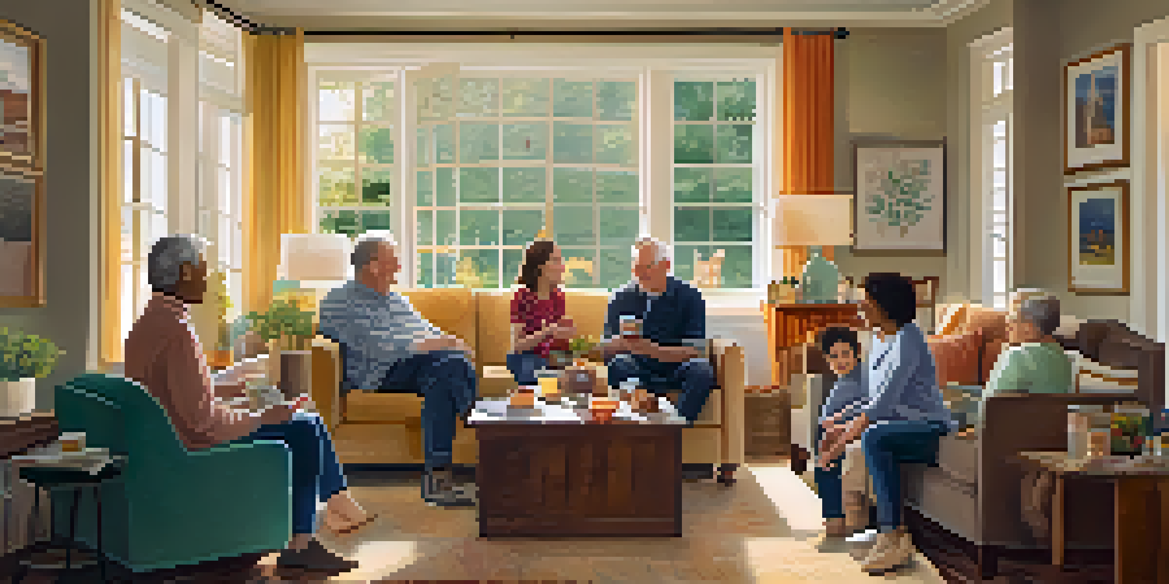 A family gathering in a cozy living room with multiple generations talking and smiling, illuminated by warm sunlight.