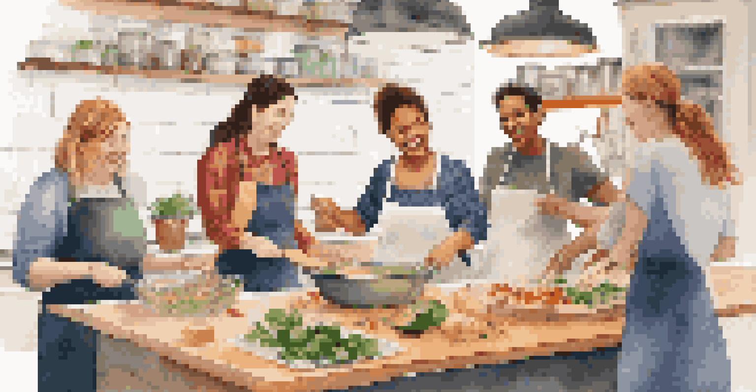 A joyful group of friends laughing and cooking together in a bright kitchen during a cooking class, surrounded by fresh ingredients.