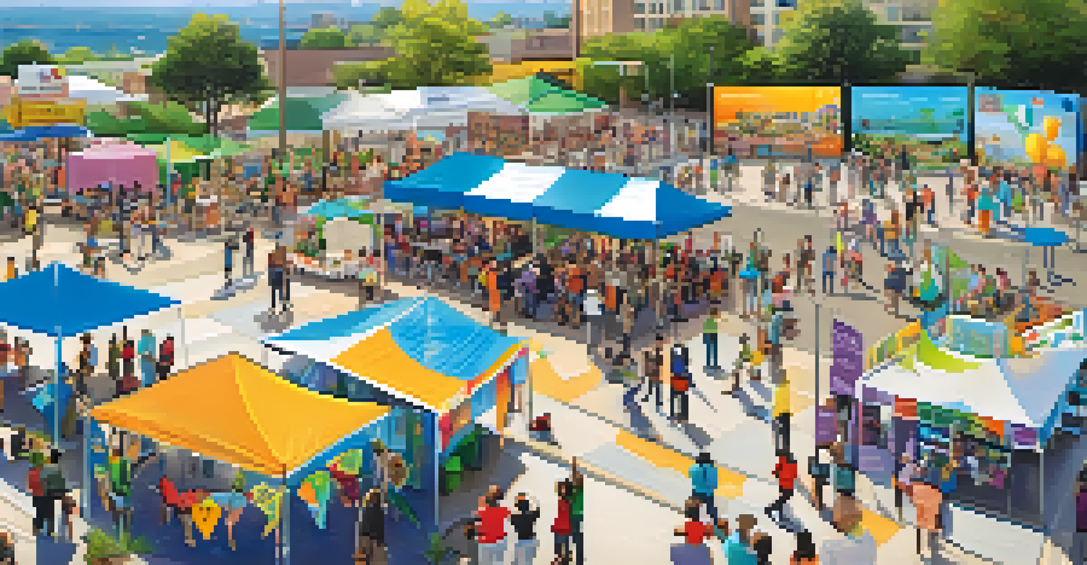 A lively community event dedicated to mental health awareness, with booths, activities, and colorful banners promoting positivity.
