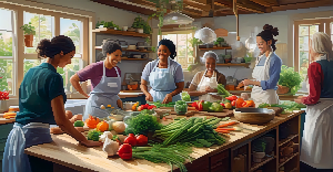 A lively cooking class with a diverse group of individuals preparing fresh ingredients in a warm kitchen, illuminated by soft sunlight.