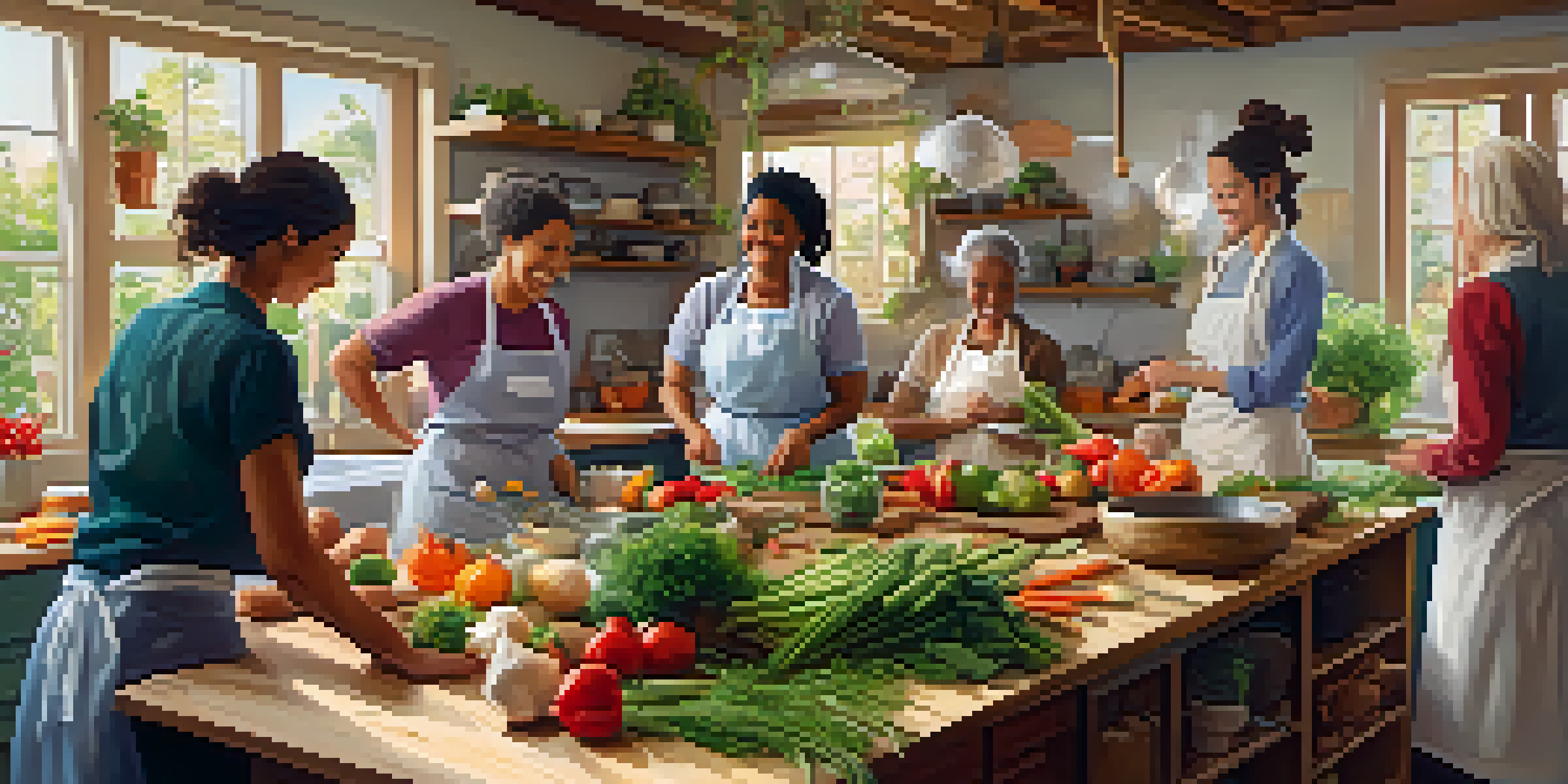 A lively cooking class with a diverse group of individuals preparing fresh ingredients in a warm kitchen, illuminated by soft sunlight.