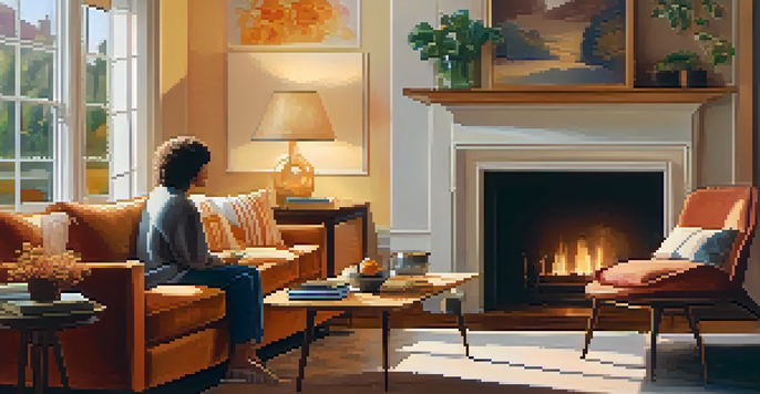 A cozy living room with a person on a sofa talking to a friend, featuring warm colors and soft lighting.