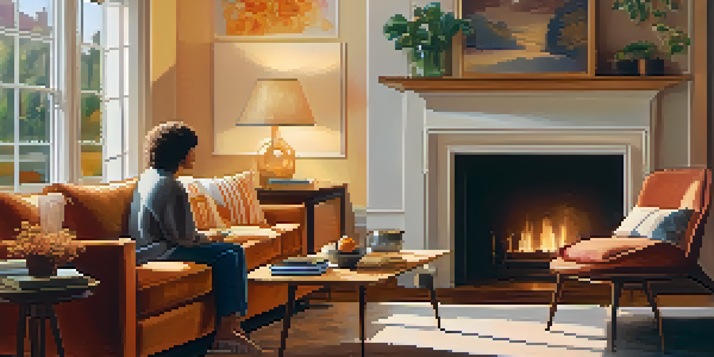 A cozy living room with a person on a sofa talking to a friend, featuring warm colors and soft lighting.