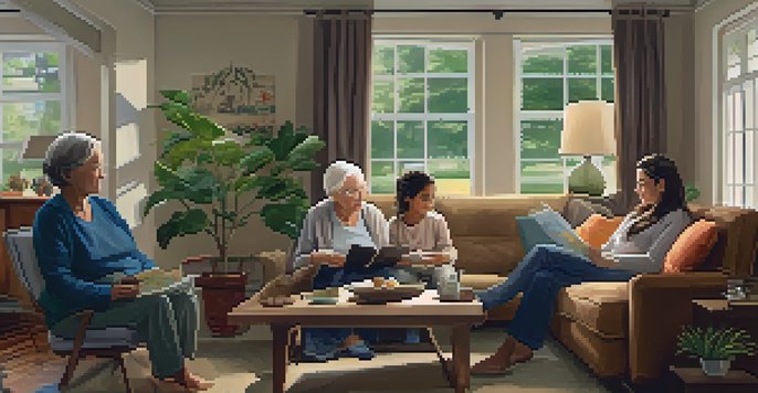 A family gathering in a cozy living room, with a grandmother and granddaughter reviewing family health history.