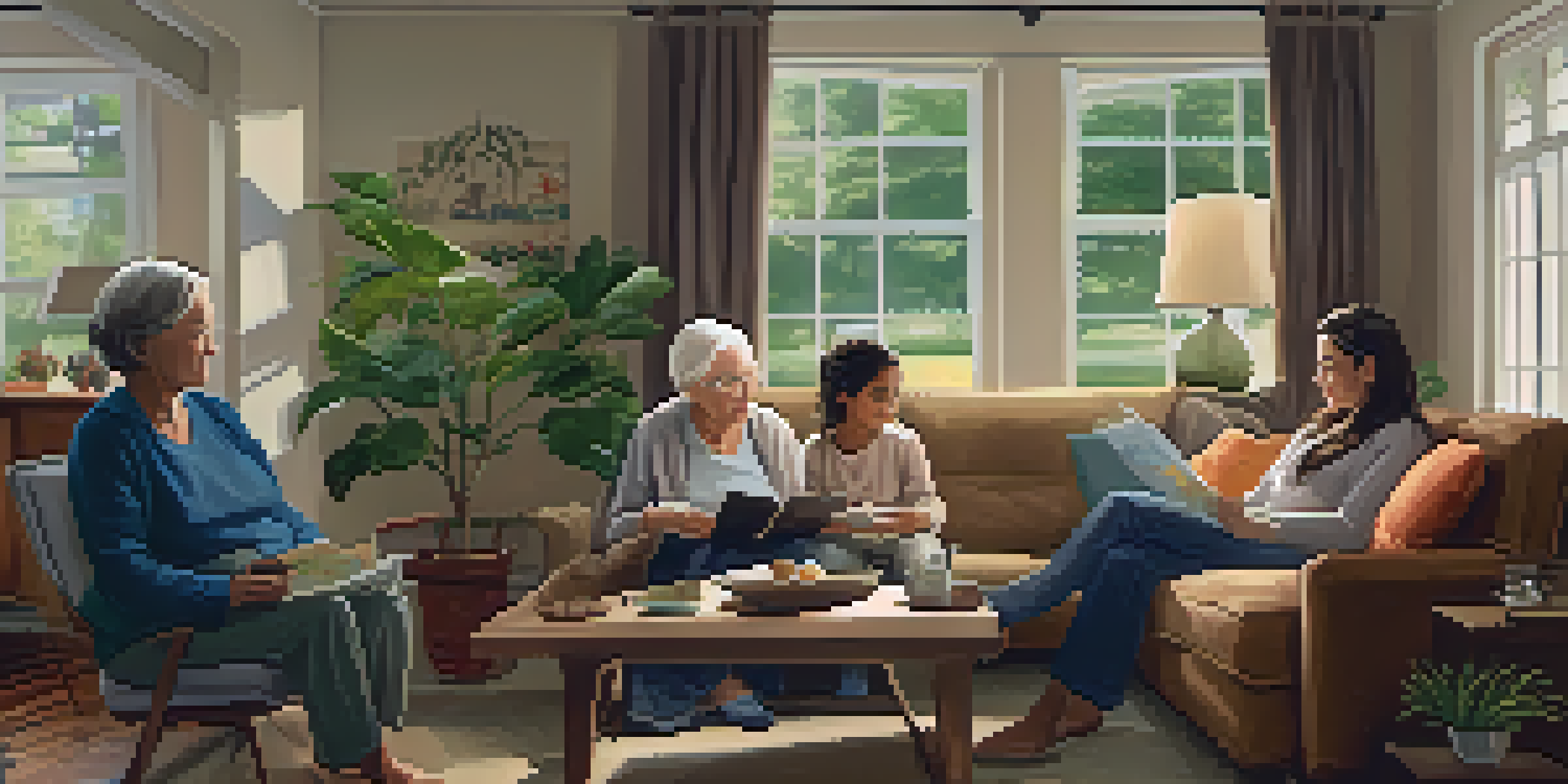A family gathering in a cozy living room, with a grandmother and granddaughter reviewing family health history.