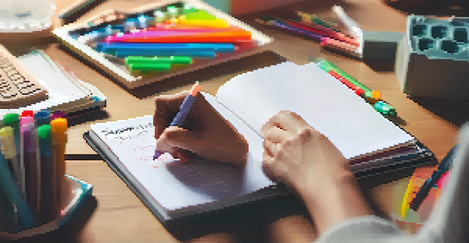 A close-up image of hands writing in a notebook with colorful pens and sticky notes, set in a cozy home environment with warm lighting and greenery.