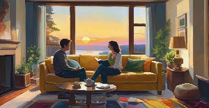 A warm and inviting living room where two partners are having a deep conversation on a sofa, surrounded by soft lighting and cozy decor.