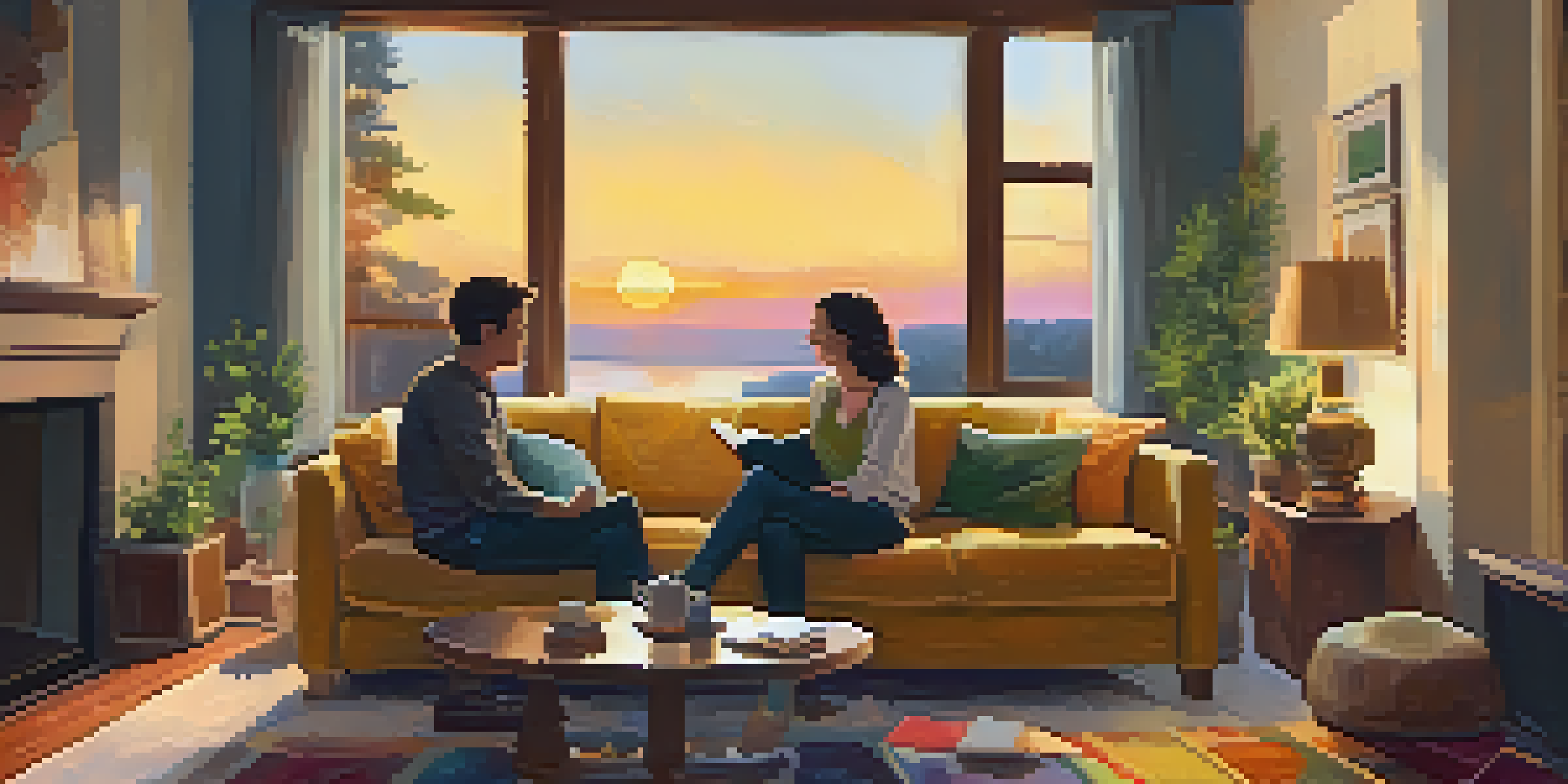 A warm and inviting living room where two partners are having a deep conversation on a sofa, surrounded by soft lighting and cozy decor.