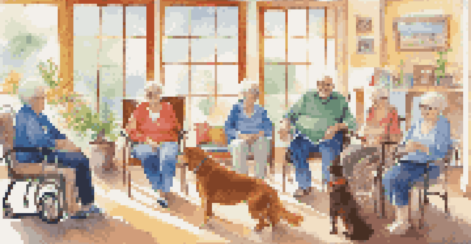 A group of smiling seniors engaging with therapy animals in a vibrant community center.