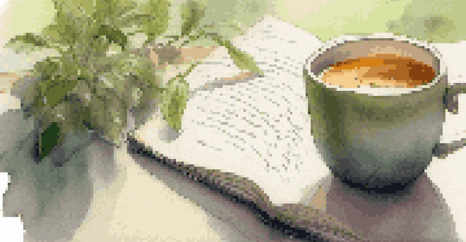 An open journal with handwritten notes on mindfulness, a pen, and a cup of tea, illuminated by soft sunlight with green plants in the background.